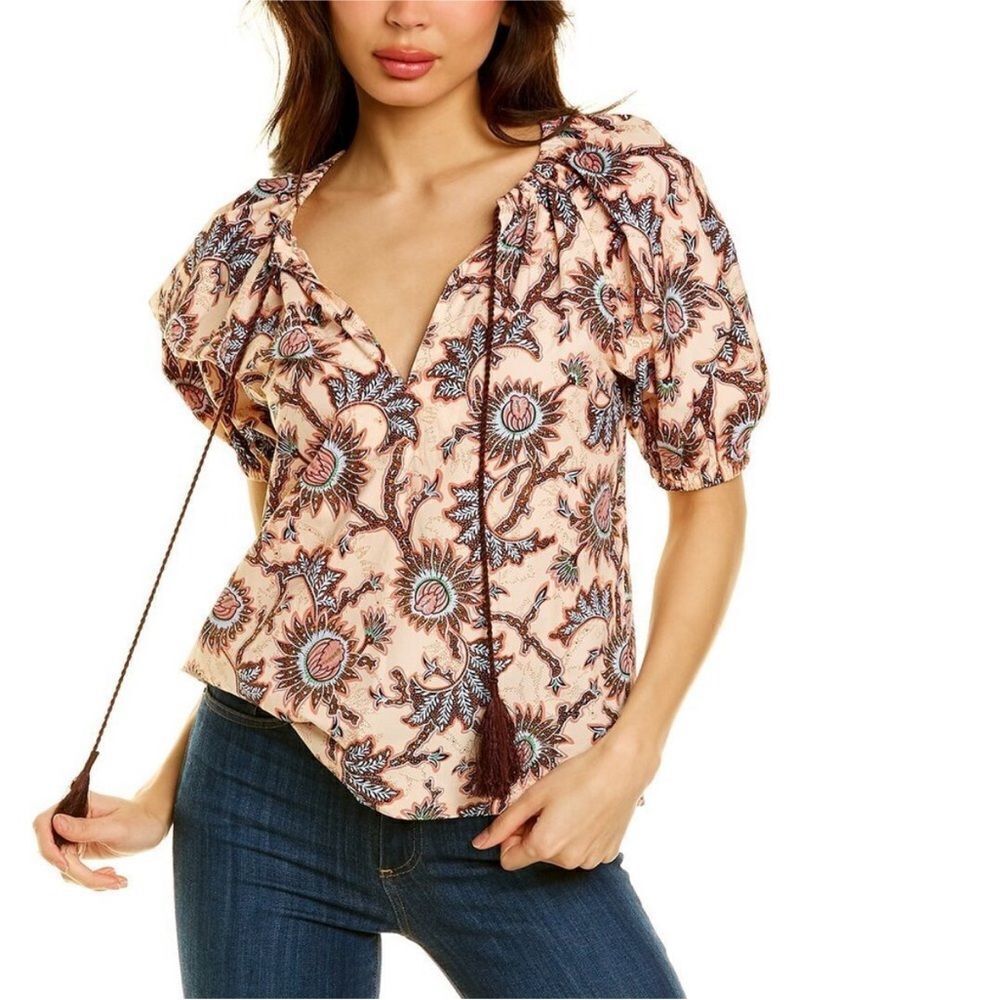 A.L.C. Elly Blouse - Floral Puff Sleeve Tassel V Neck Top Size 10